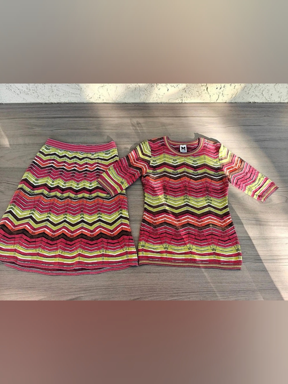 Missoni Chevron Knit Skirt Set Red & Green Medium